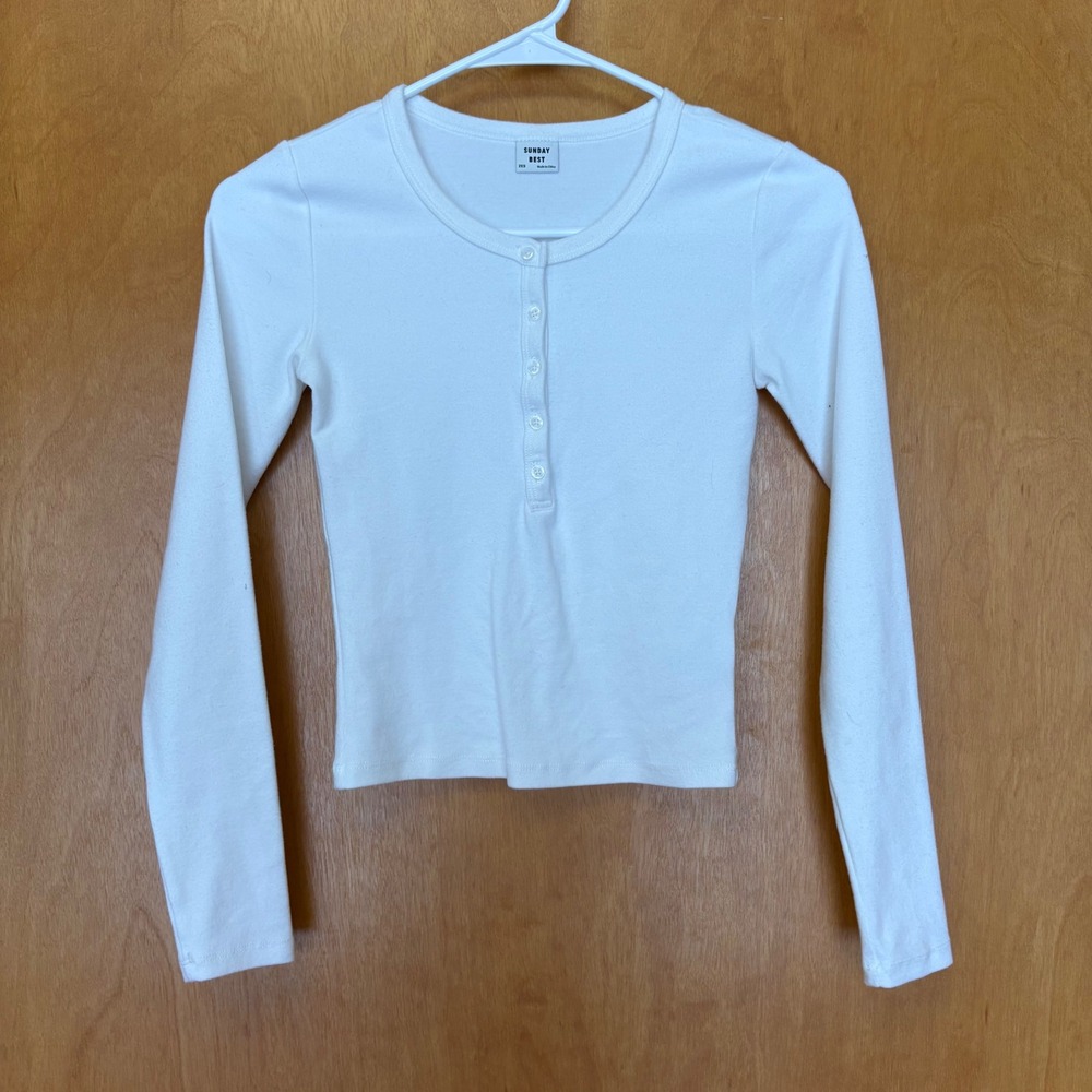 Sunday Best Henley Top Women 2XS White Long Sleeve Ribbed Button Front